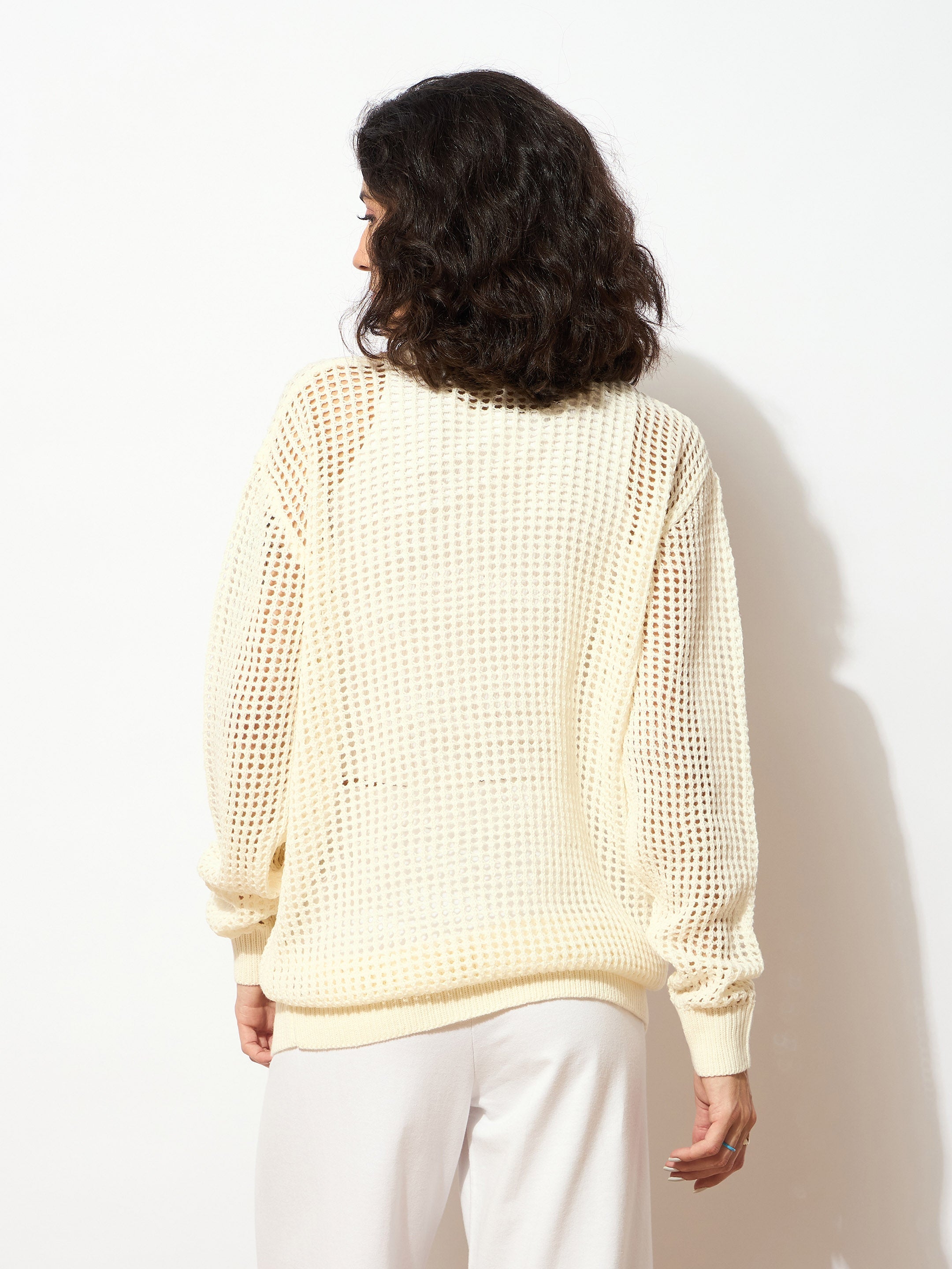Women Cream Oversized Crochet Sweater
