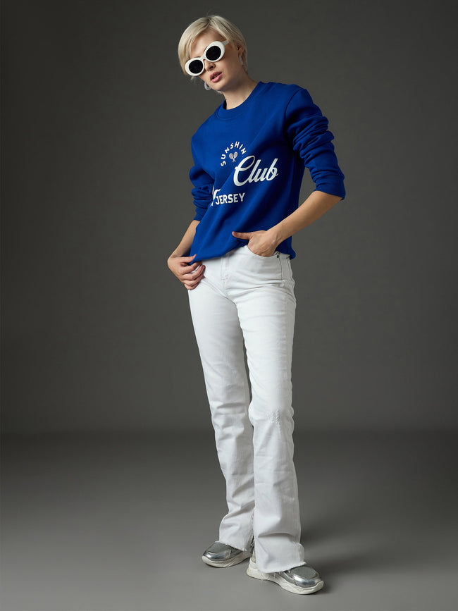 Women Blue Fleece Printeded Regular Fit Sweatshirt