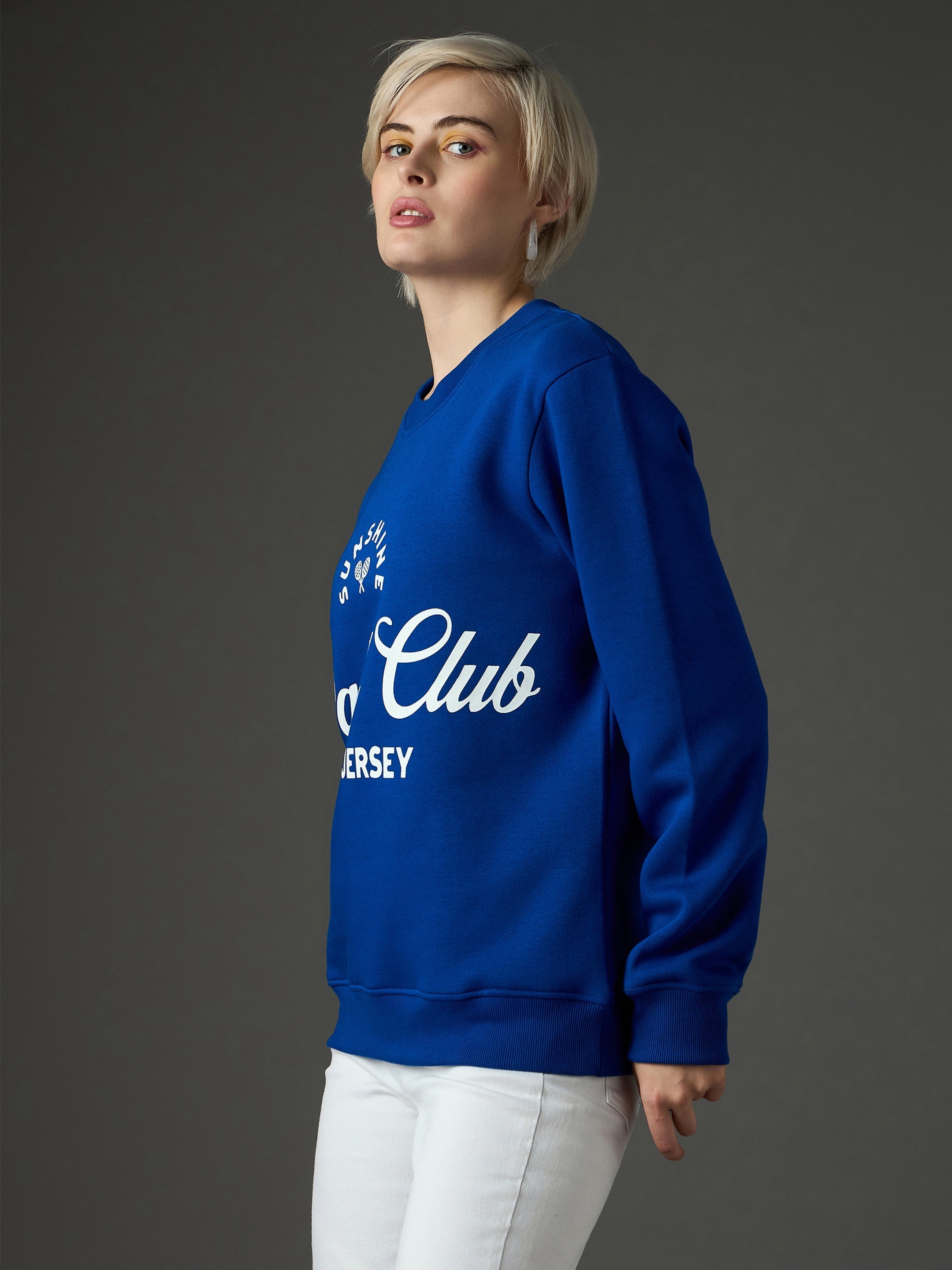 Women Blue Fleece Printeded Regular Fit Sweatshirt