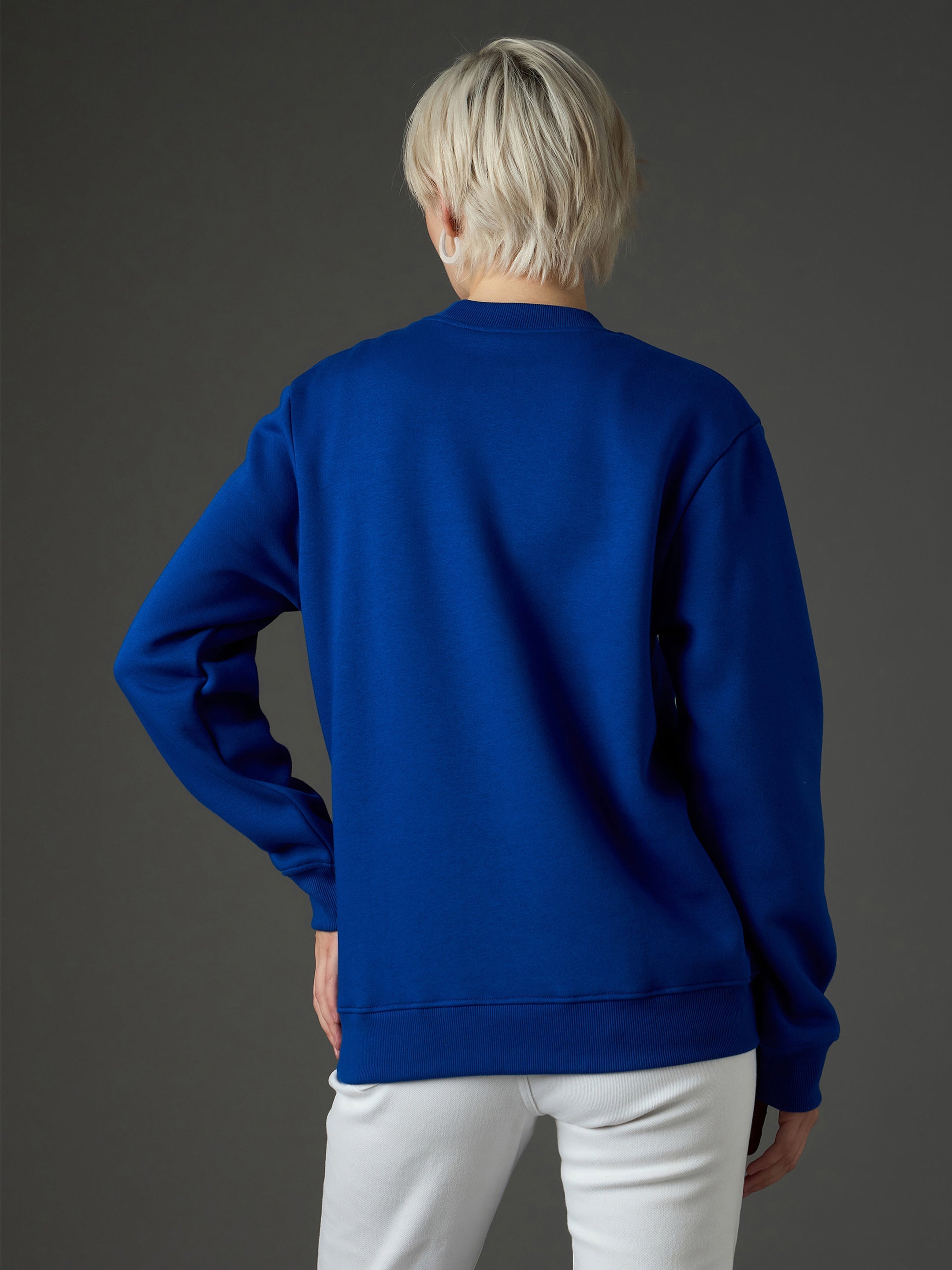 Women Blue Fleece Printeded Regular Fit Sweatshirt