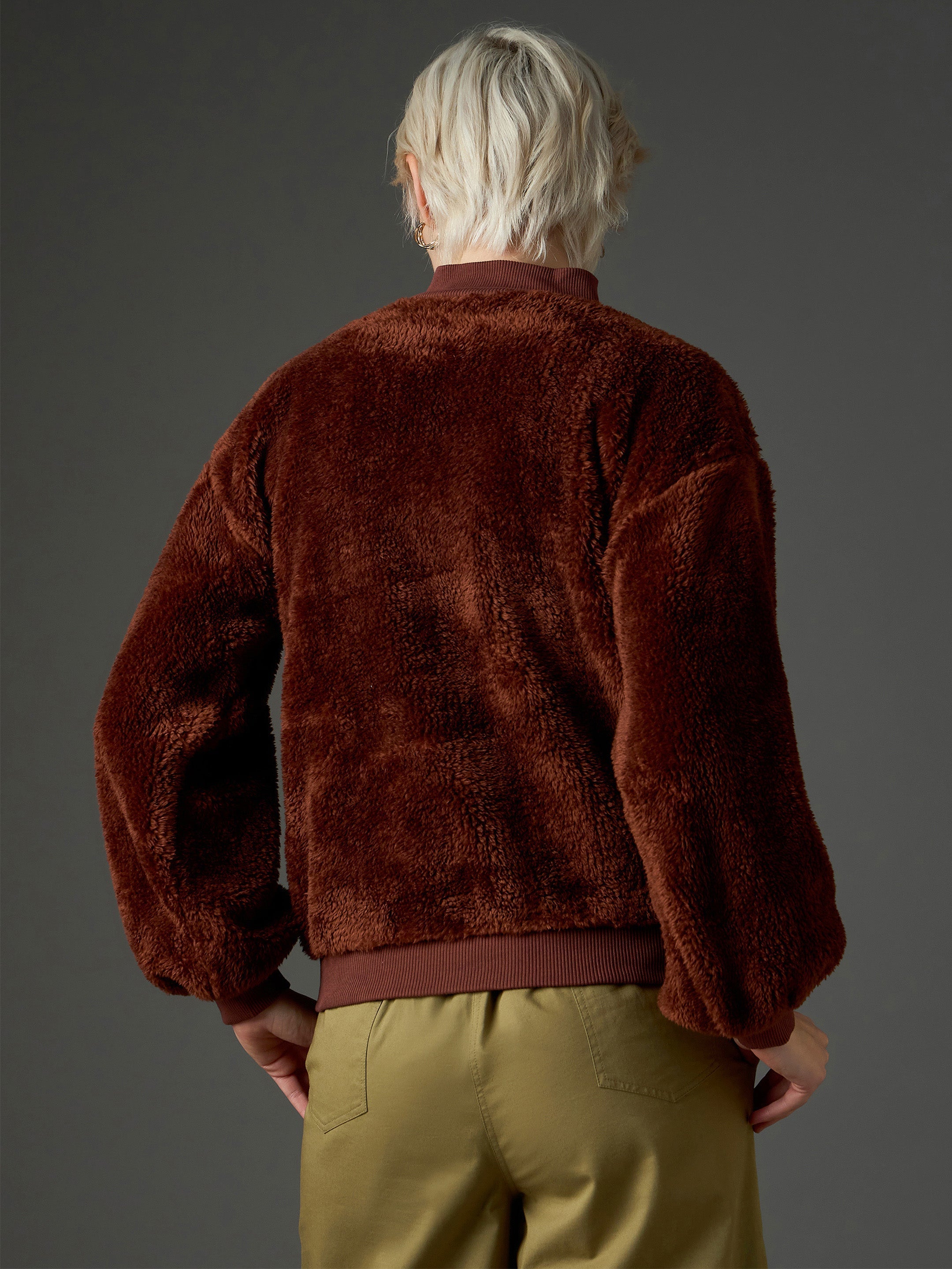 Women Brown Balloon Sleeve Faux Fur Sweatshirt