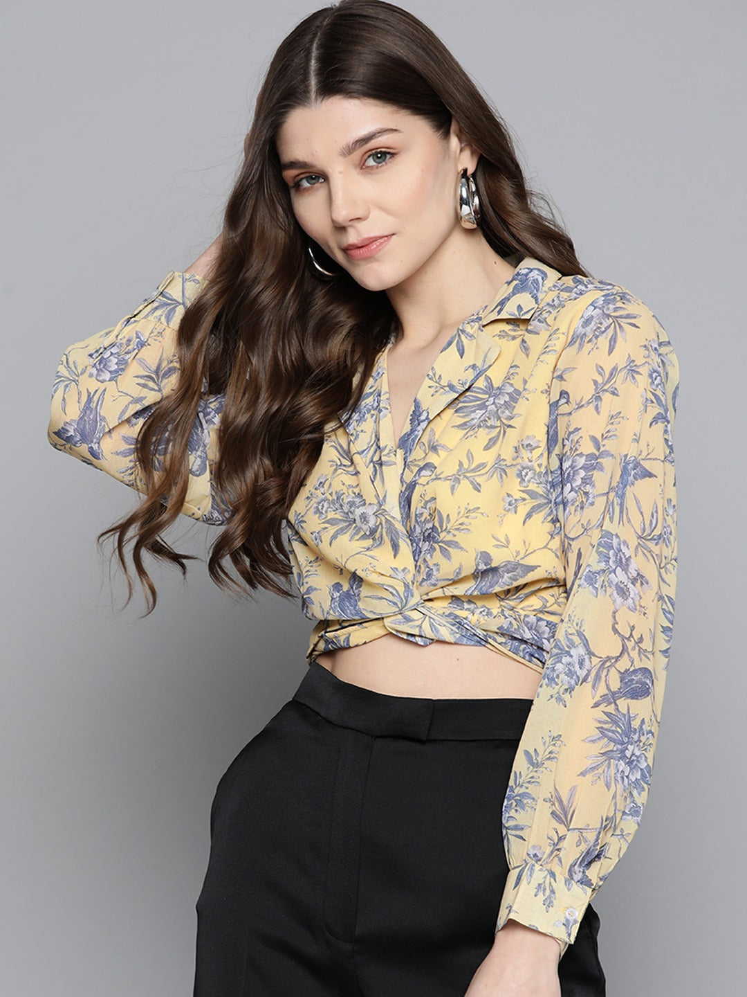 Women Yellow Floral Tie Knot Crop
