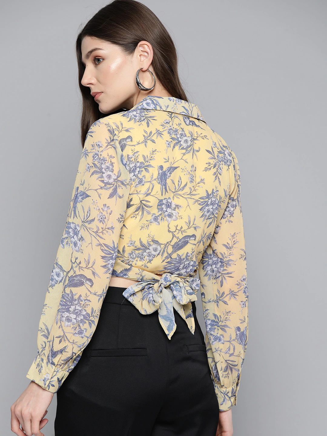 Women Yellow Floral Tie Knot Crop
