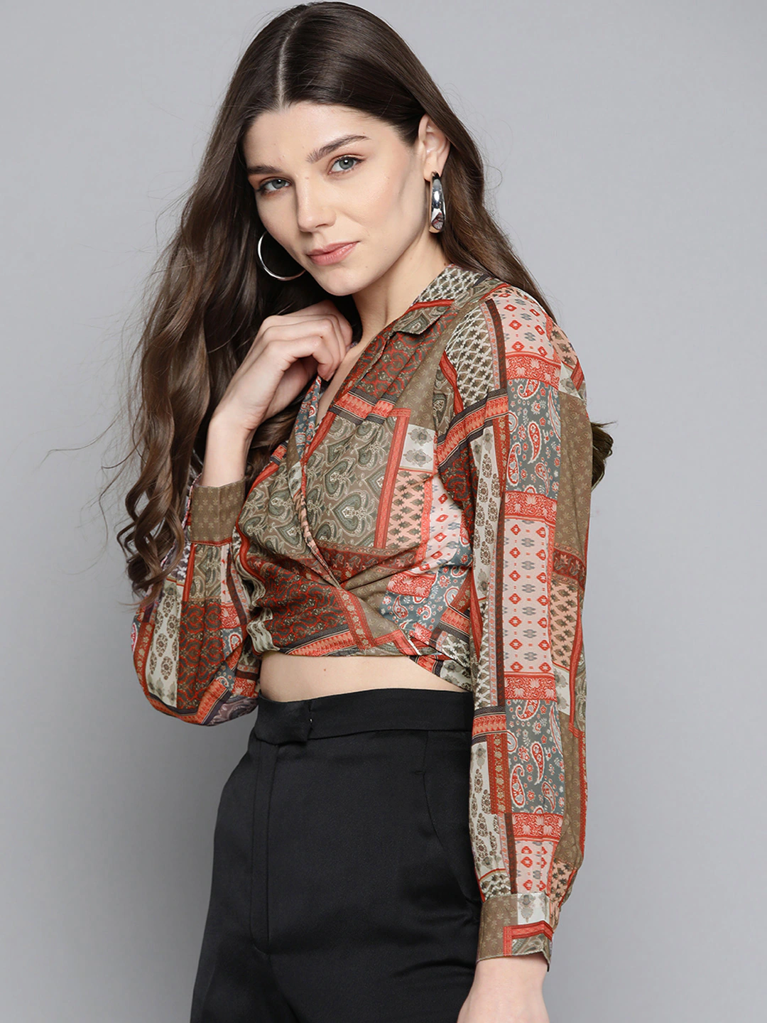 Women Brown Patch Tie Knot Crop Shirt Top
