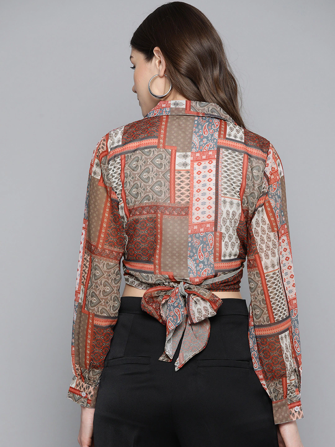 Women Brown Patch Tie Knot Crop Shirt Top