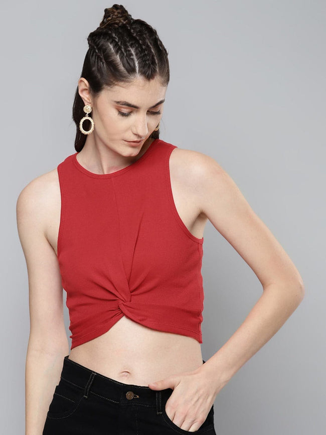 Women Red Front Knot Crop Top