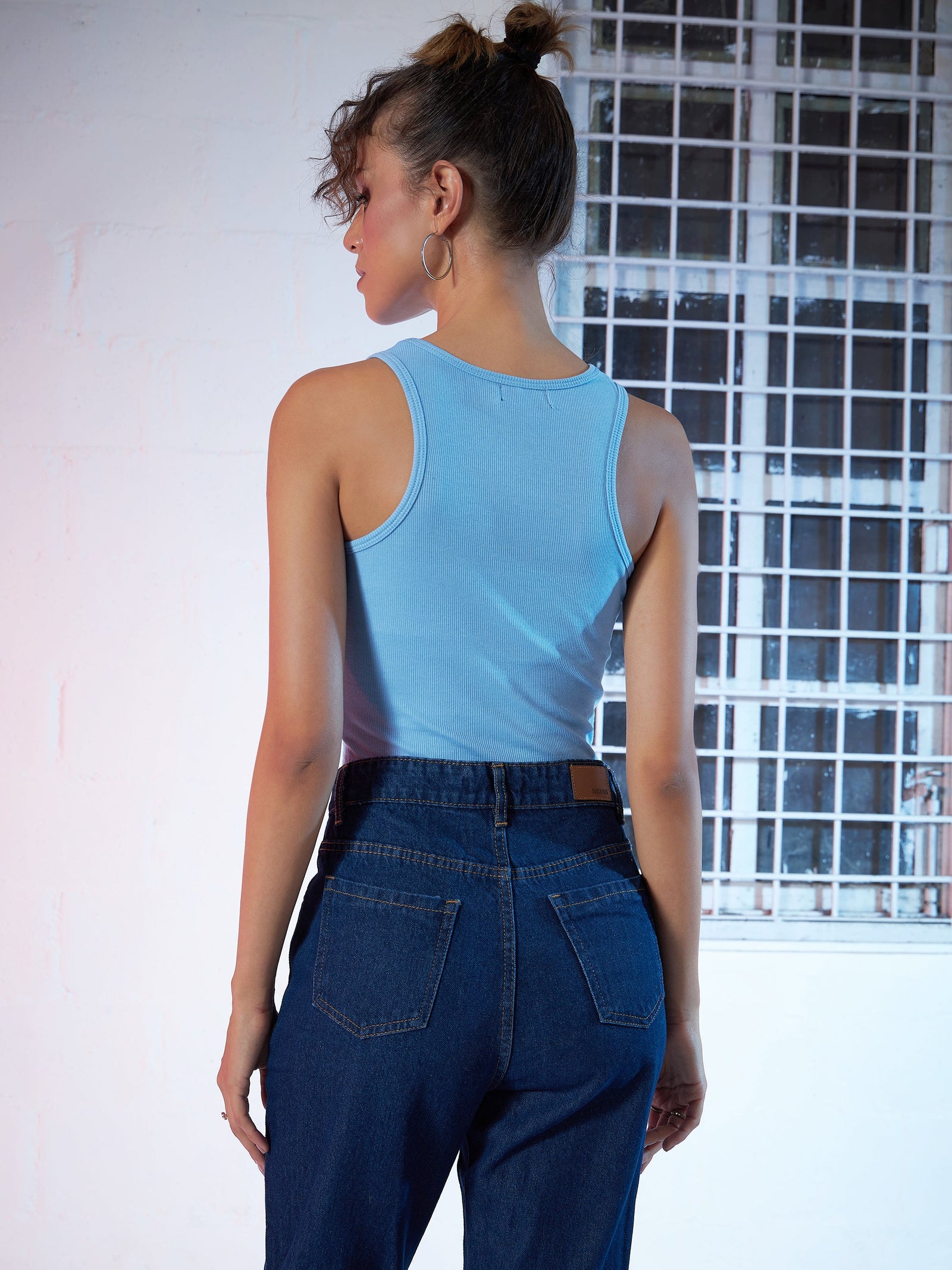 Blue Front Knot Crop Top