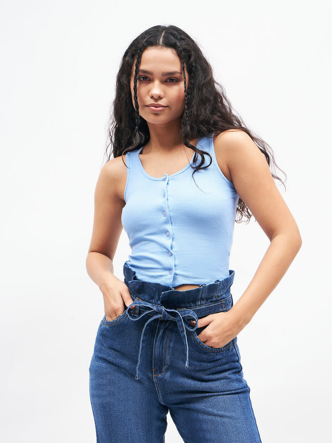 Women Blue Front Button Sleeveless Crop Top