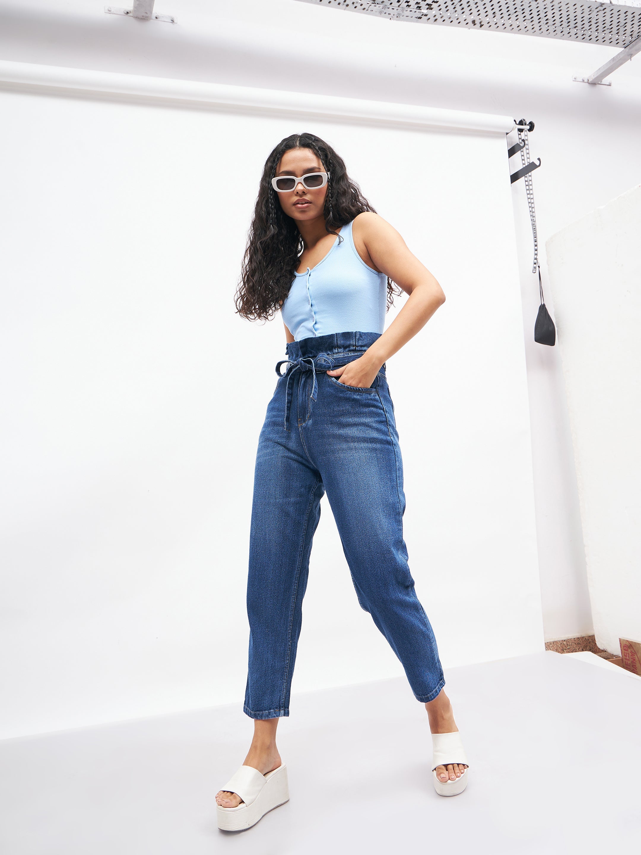 Women Blue Front Button Sleeveless Crop Top