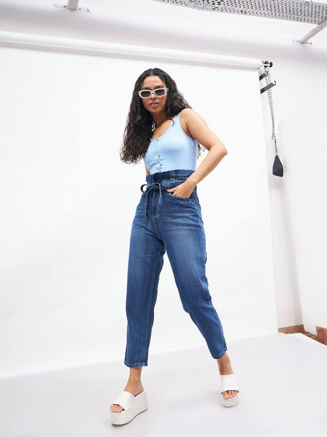 Women Blue Front Button Sleeveless Crop Top
