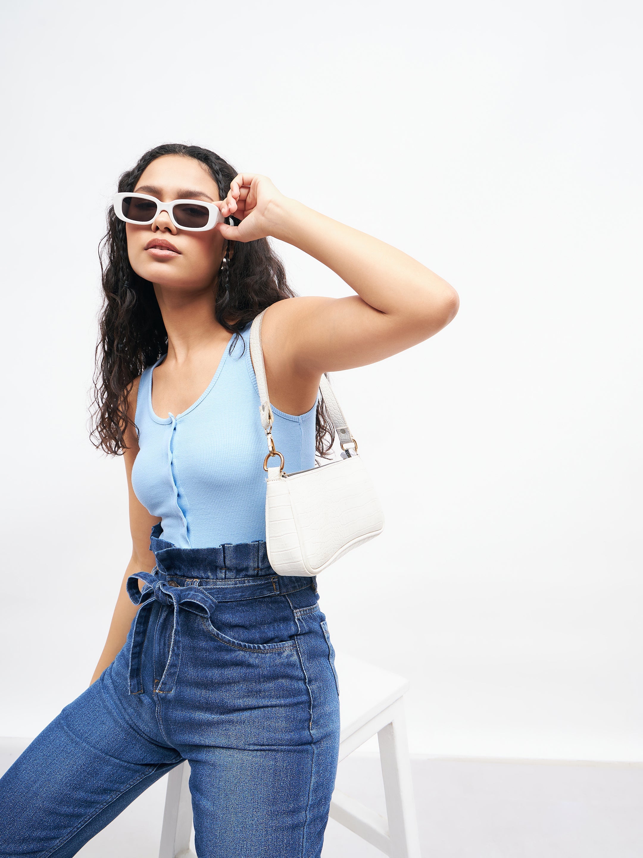 Women Blue Front Button Sleeveless Crop Top