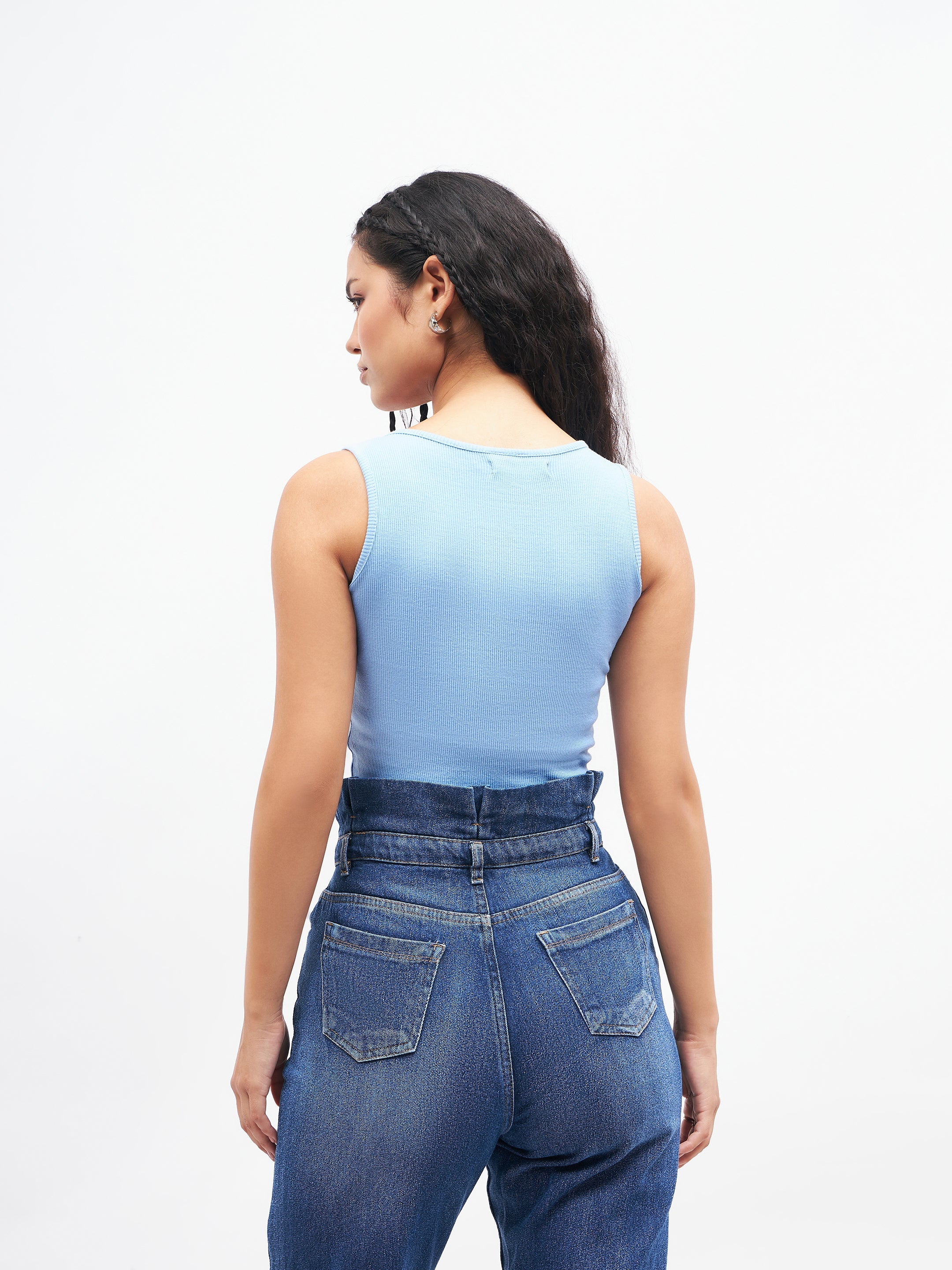 Women Blue Front Button Sleeveless Crop Top