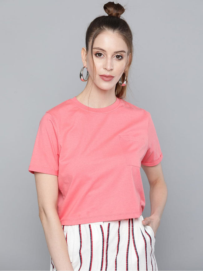 Women Pink Pocket Detail Boxy T-Shirt