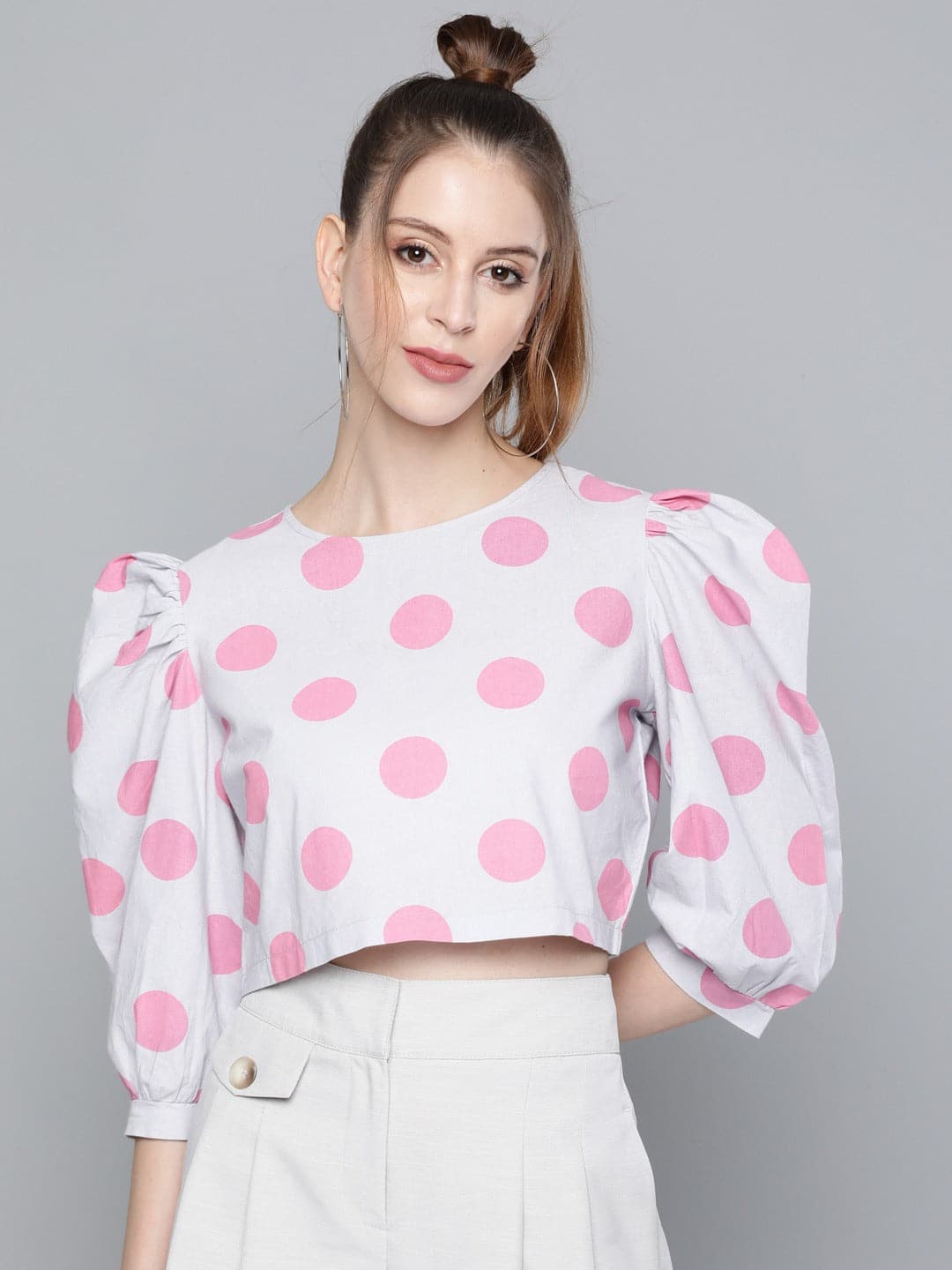 Women Pink Grey Polka Crop Top
