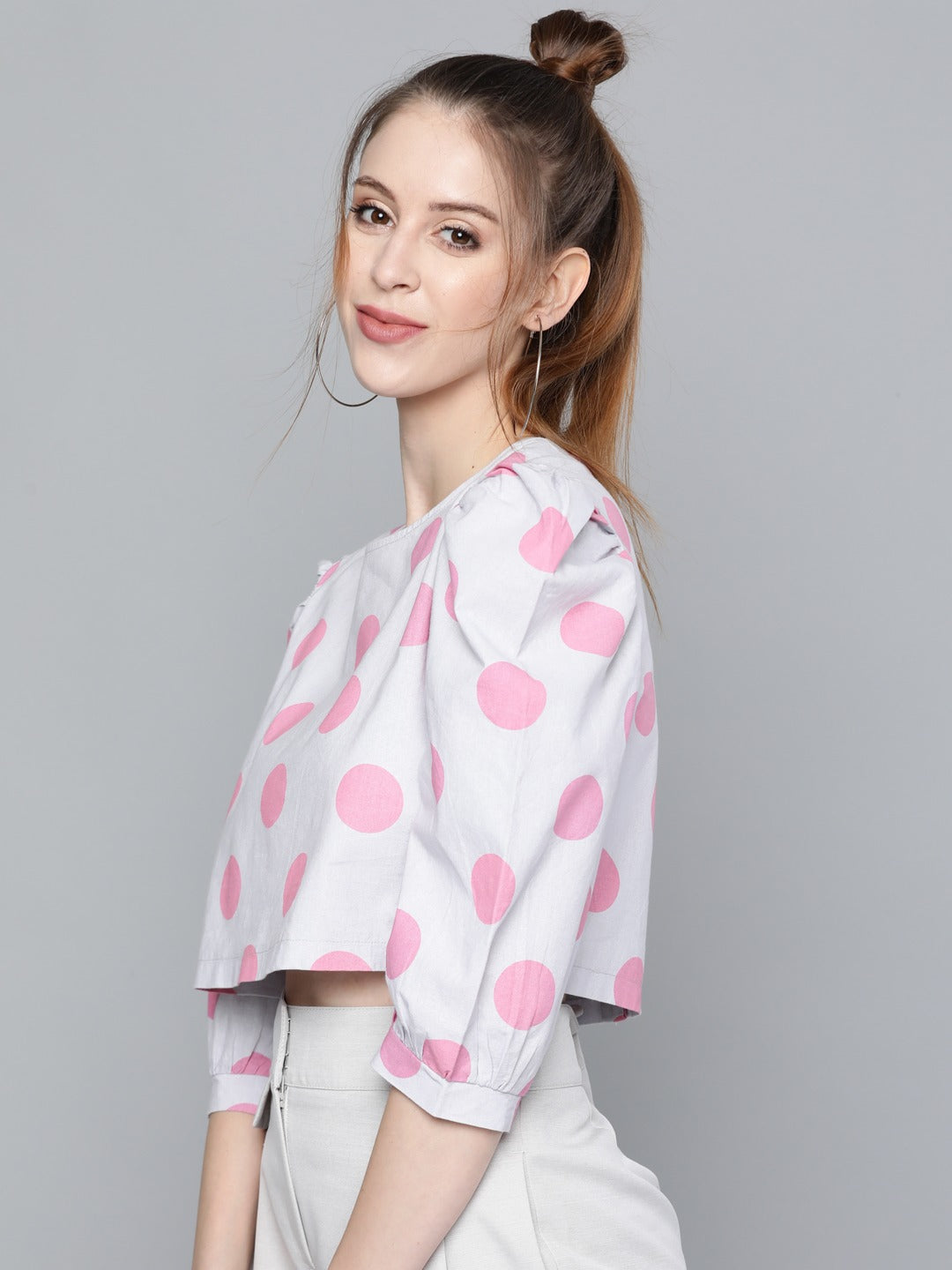 Women Pink Grey Polka Crop Top