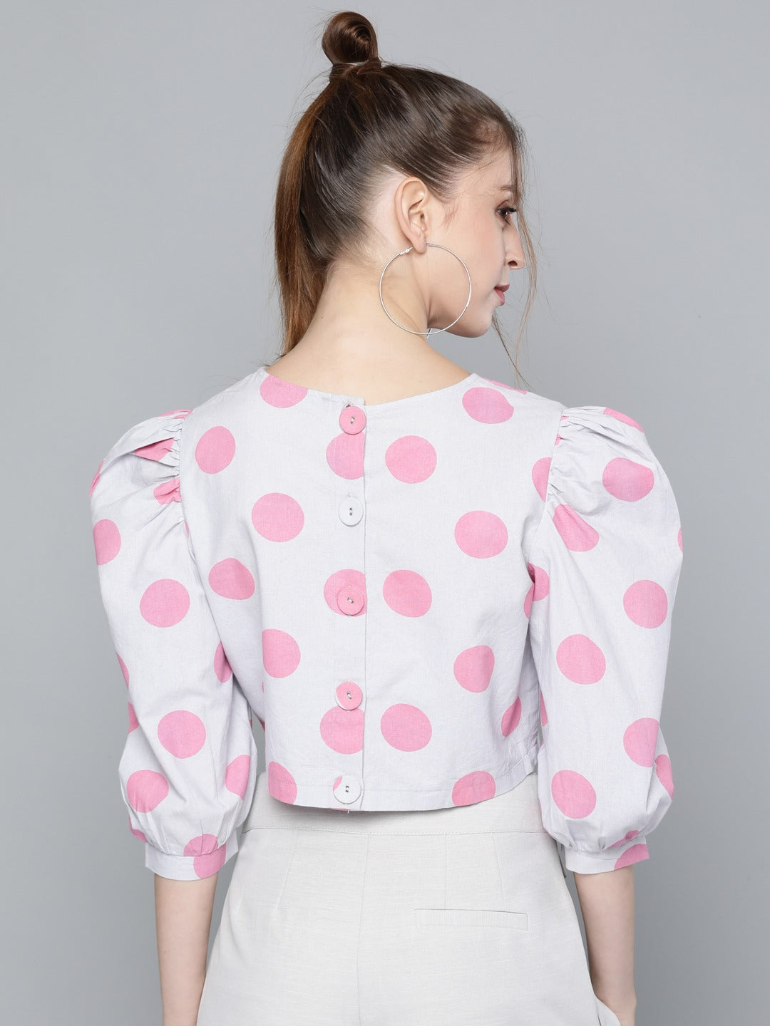 Women Pink Grey Polka Crop Top
