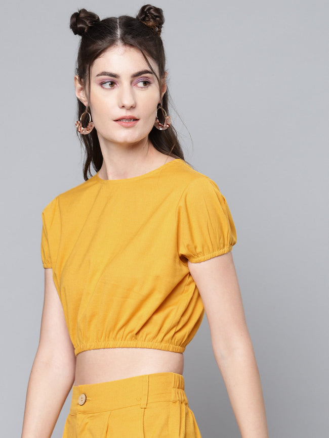 Women Mustard Cotton Linen Crop Top