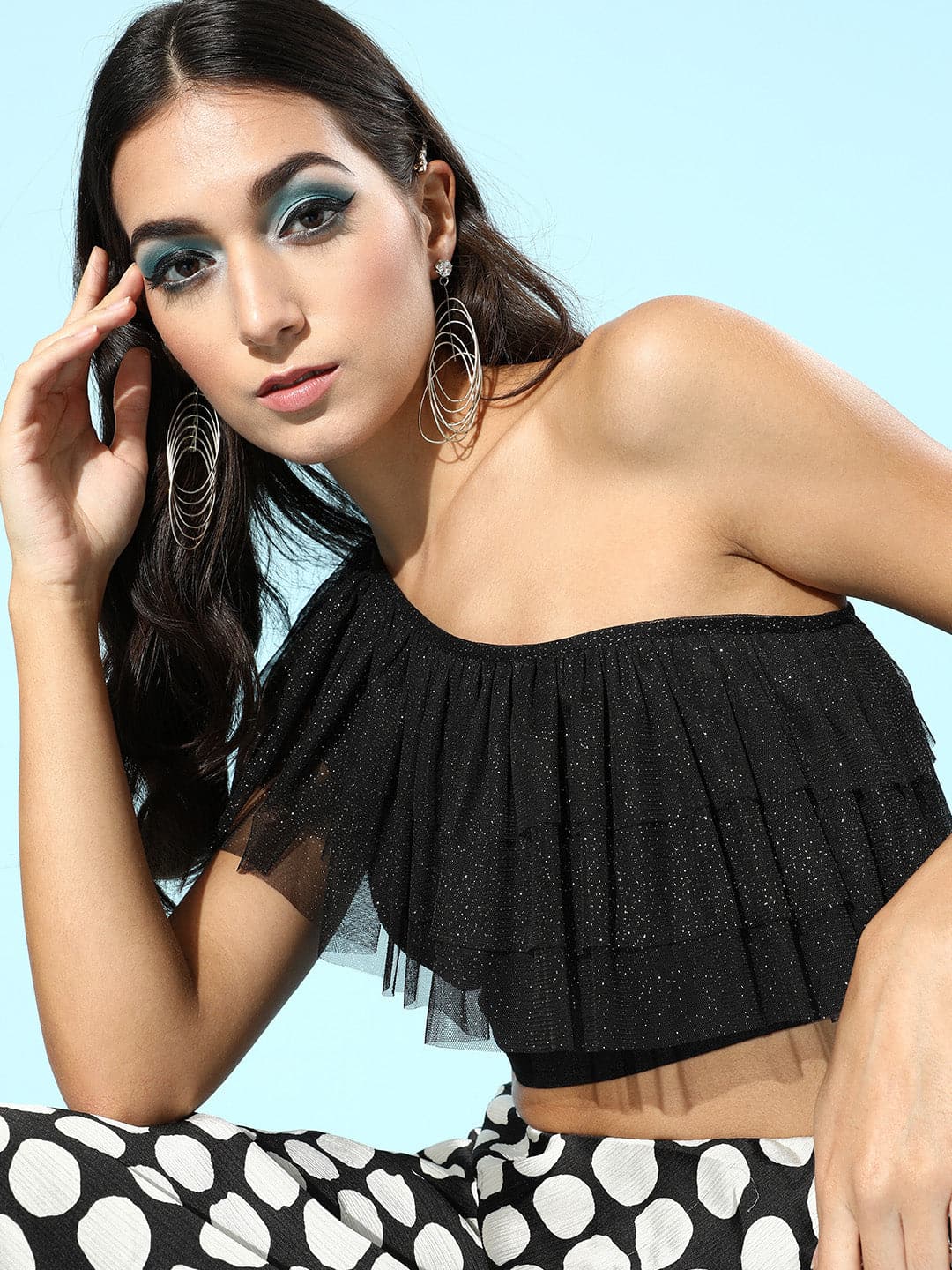 Women Black One Shoulder Mesh Net