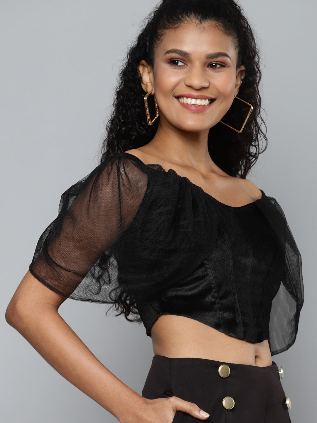 Women Black Velvet Bardot Blouse