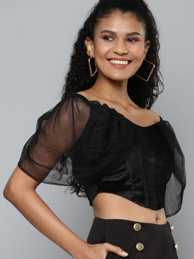 Women Black Velvet Bardot Blouse