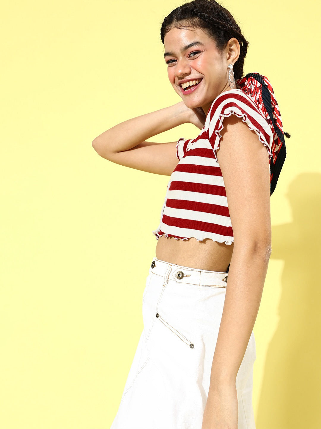 Women Red & White Stripe V-Neck Rib Crop Top