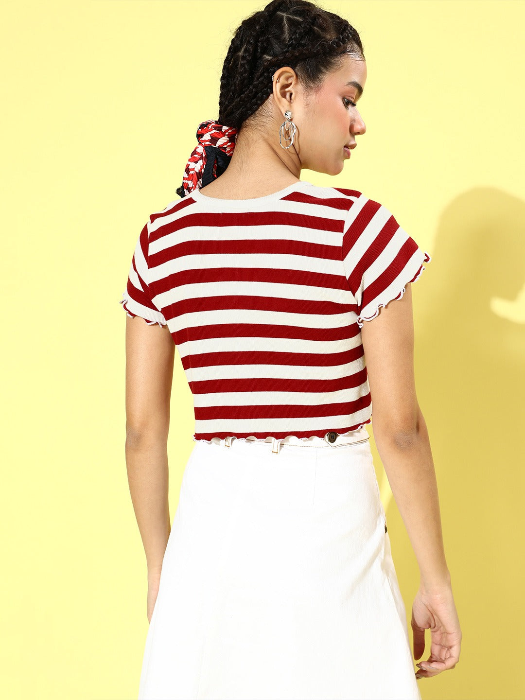 Women Red & White Stripe V-Neck Rib Crop Top
