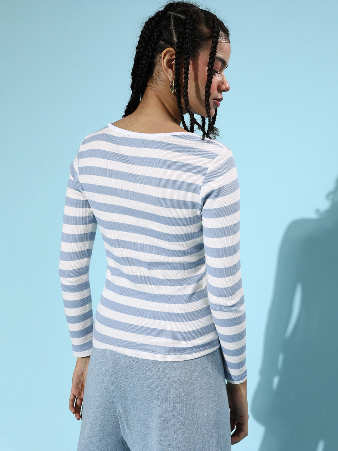 Women Blue & White Stripe V-Neck Rib T-Shirt