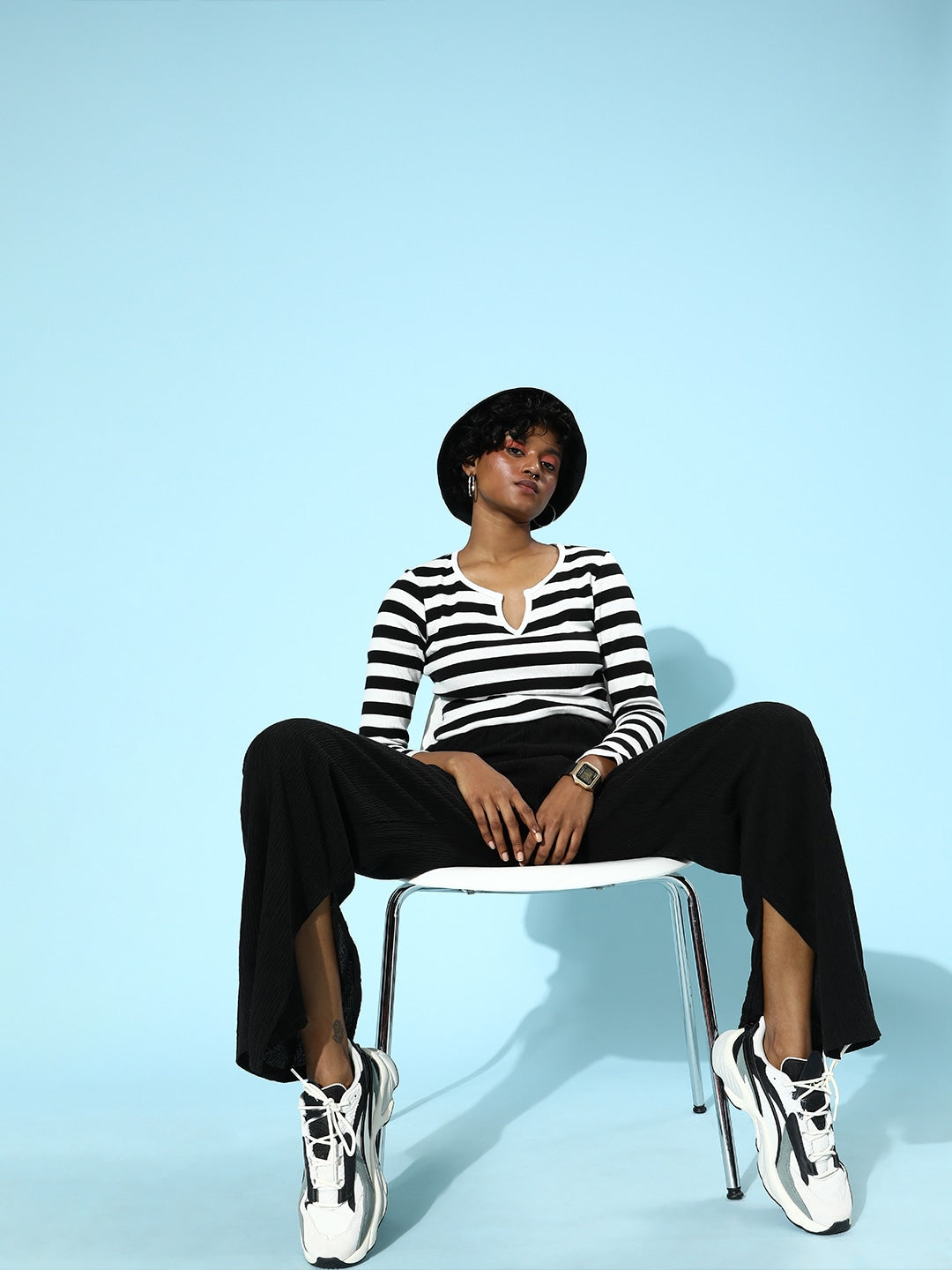 Women Black & White Stripe V-Neck Rib T-Shirt