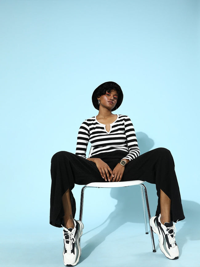 Women Black & White Stripe V-Neck Rib T-Shirt