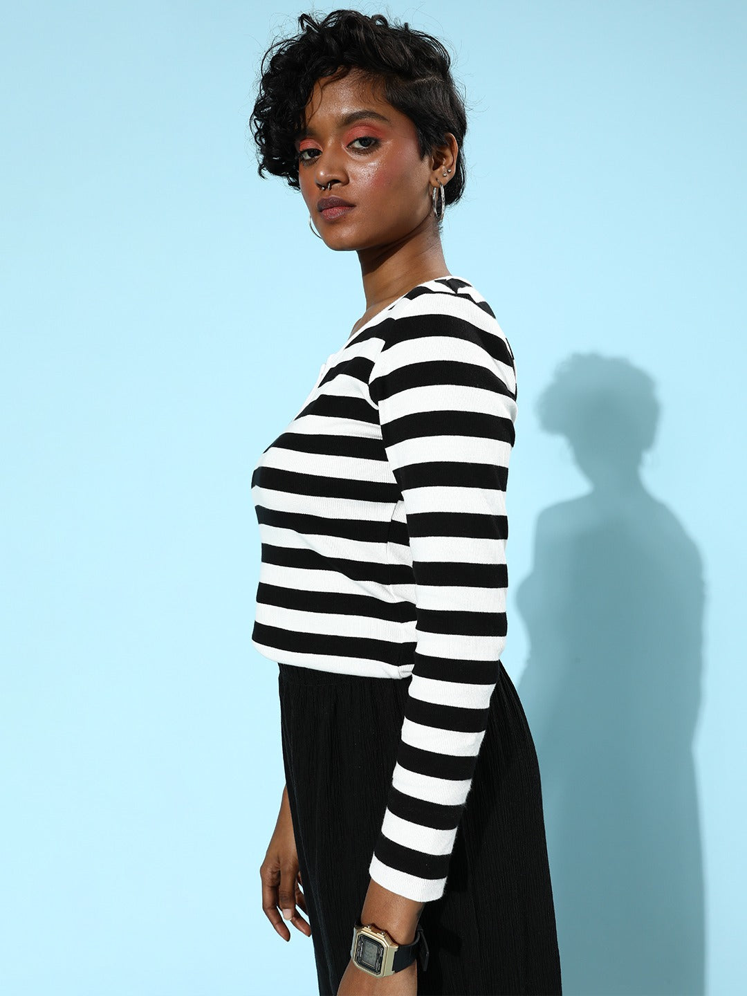 Women Black & White Stripe V-Neck Rib T-Shirt