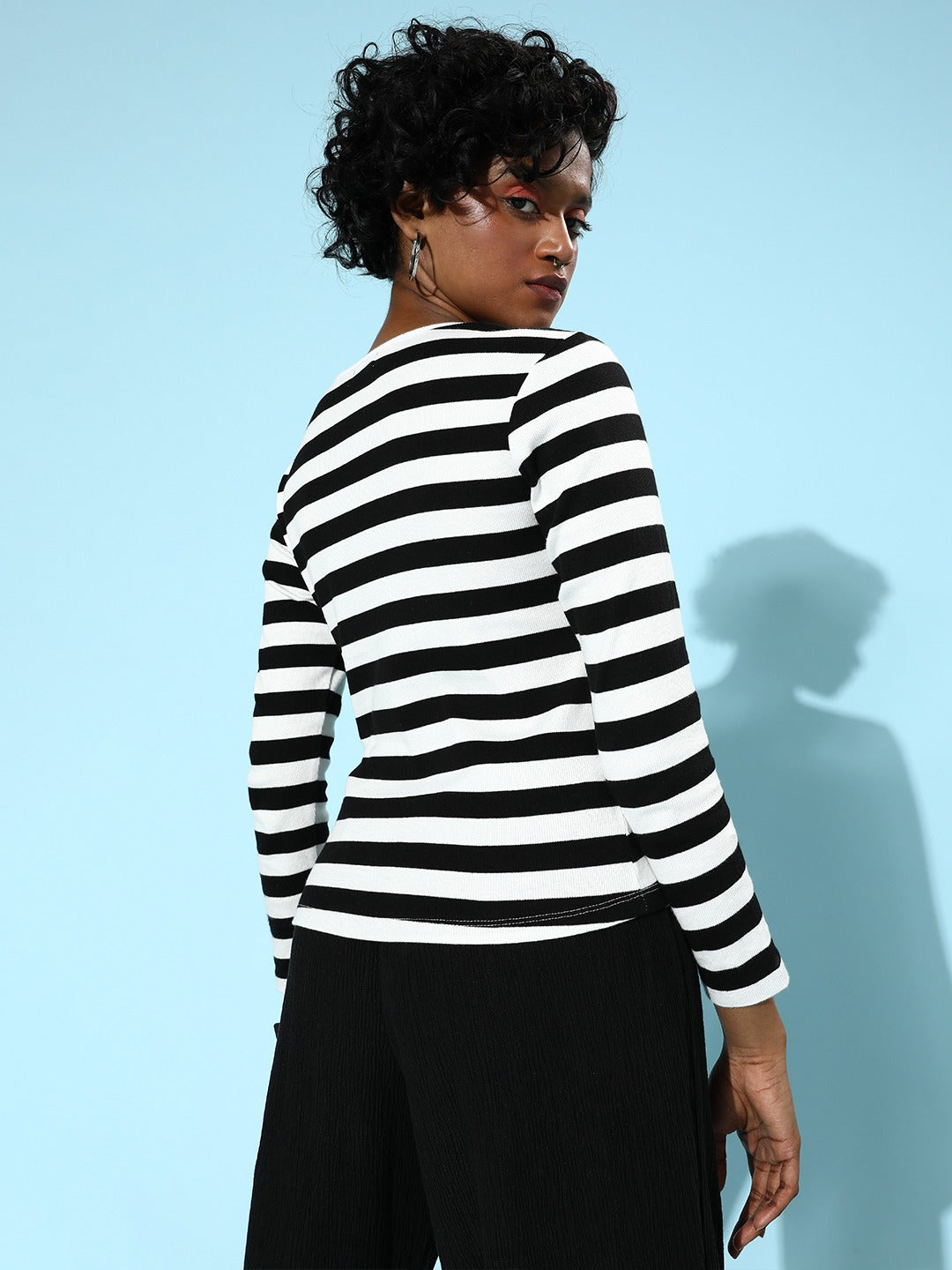 Women Black & White Stripe V-Neck Rib T-Shirt