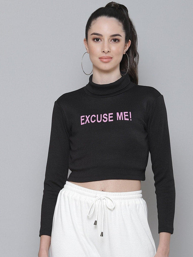 Black Rib EXCUSE ME Turtle Neck Crop Top-Tops-SASSAFRAS