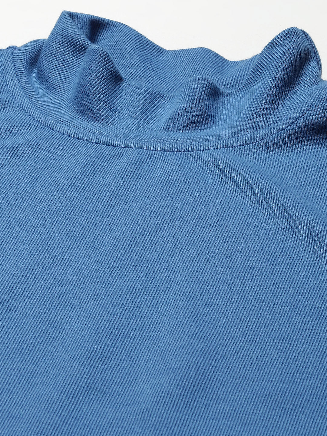 Women Blue Rib Slit Turtle Neck Top