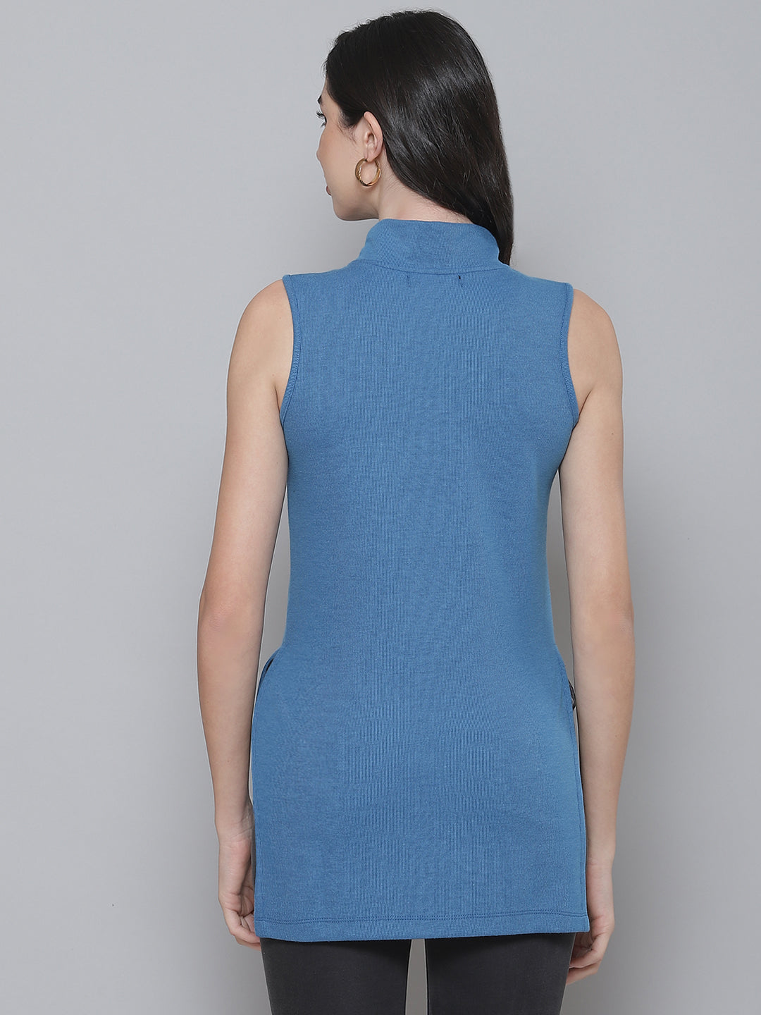 Women Blue Rib Slit Turtle Neck Top