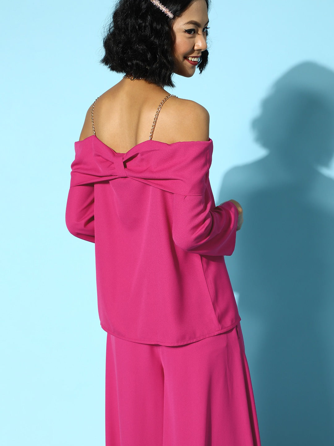 Women Fuchsia Chain Straps Bow Top