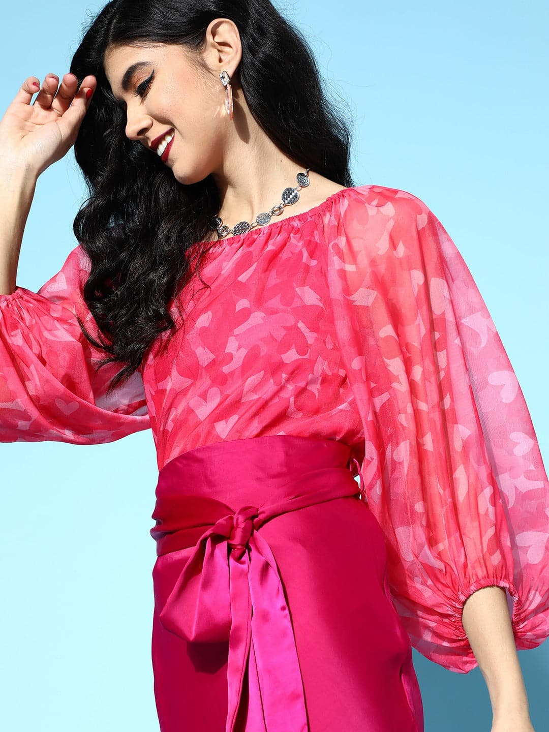 Women Pink Heart Organza Bardot Flounce Sleeve Top