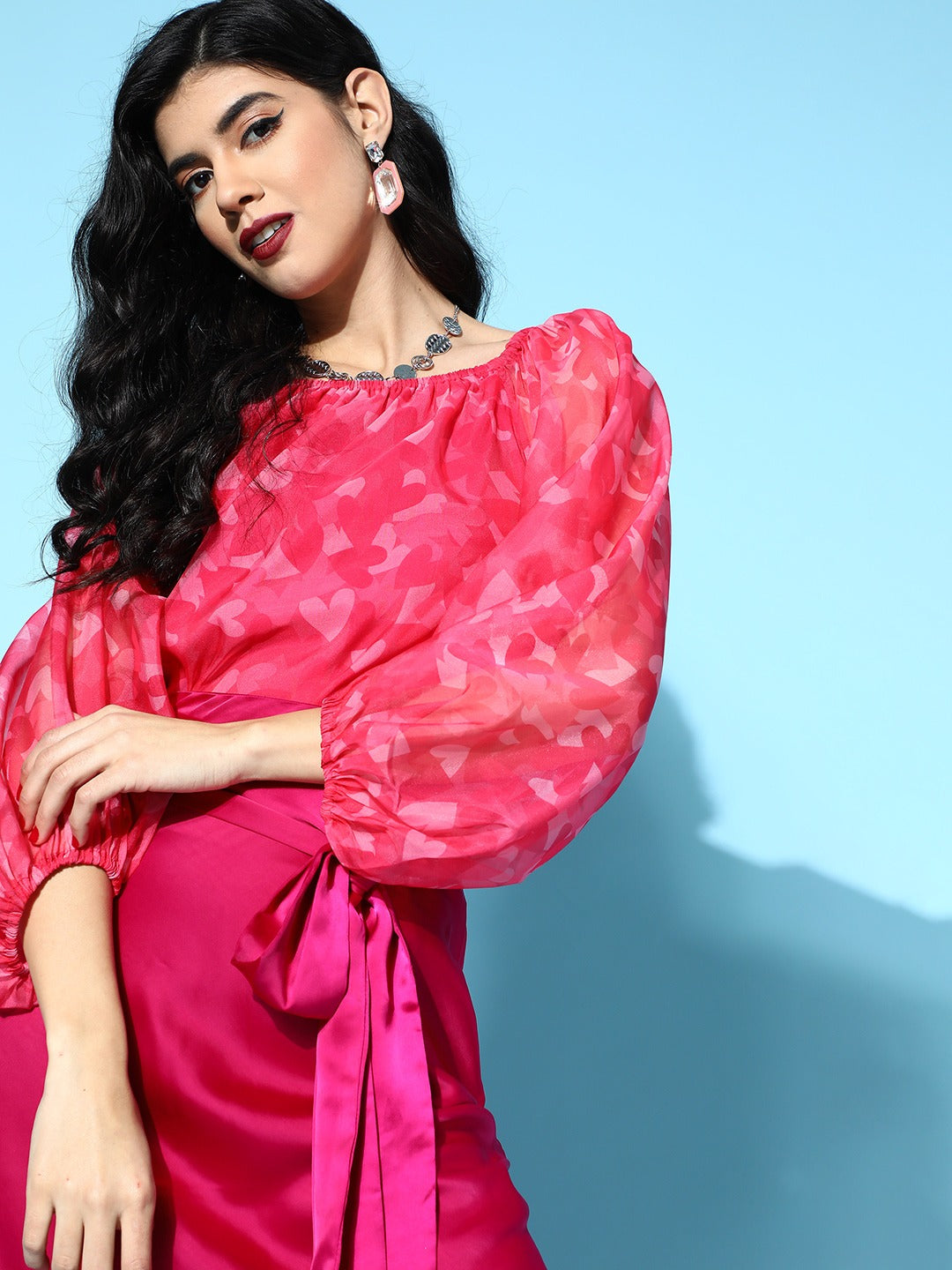 Women Pink Heart Organza Bardot Flounce Sleeve Top