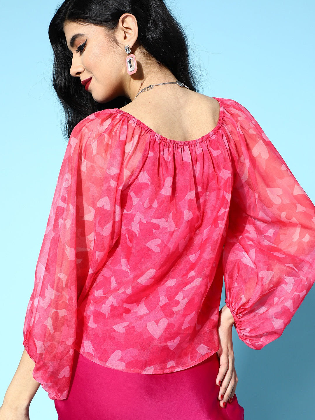 Women Pink Heart Organza Bardot Flounce Sleeve Top