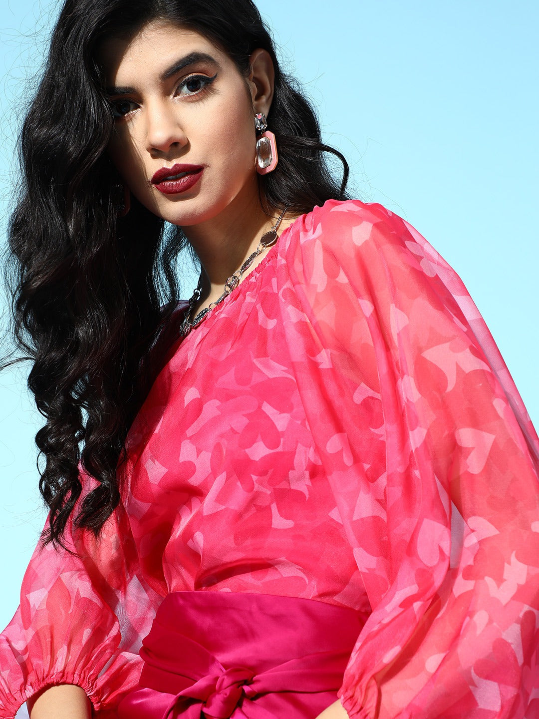 Women Pink Heart Organza Bardot Flounce Sleeve Top