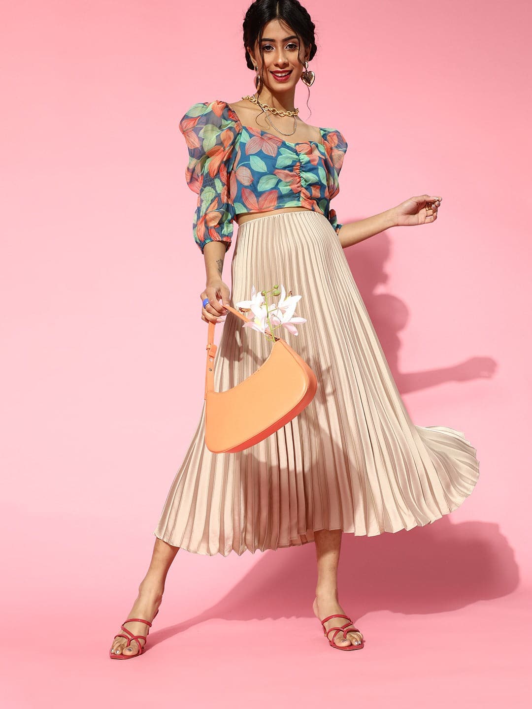 Women Blue Floral Organza Ruched Crop Top