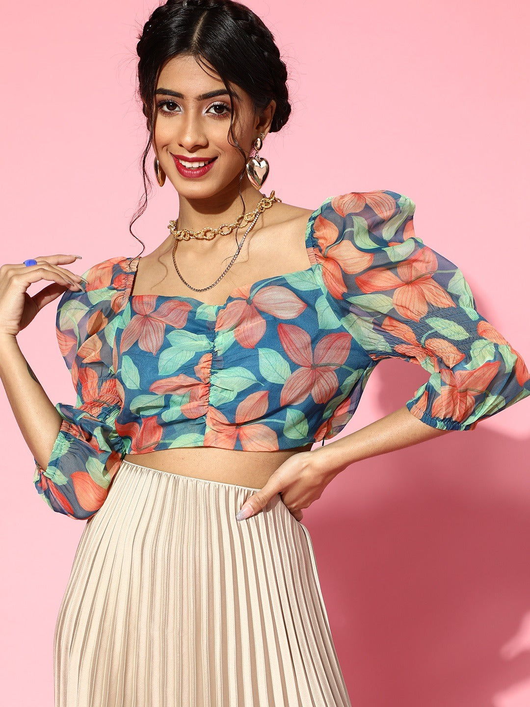 Women Blue Floral Organza Ruched Crop Top