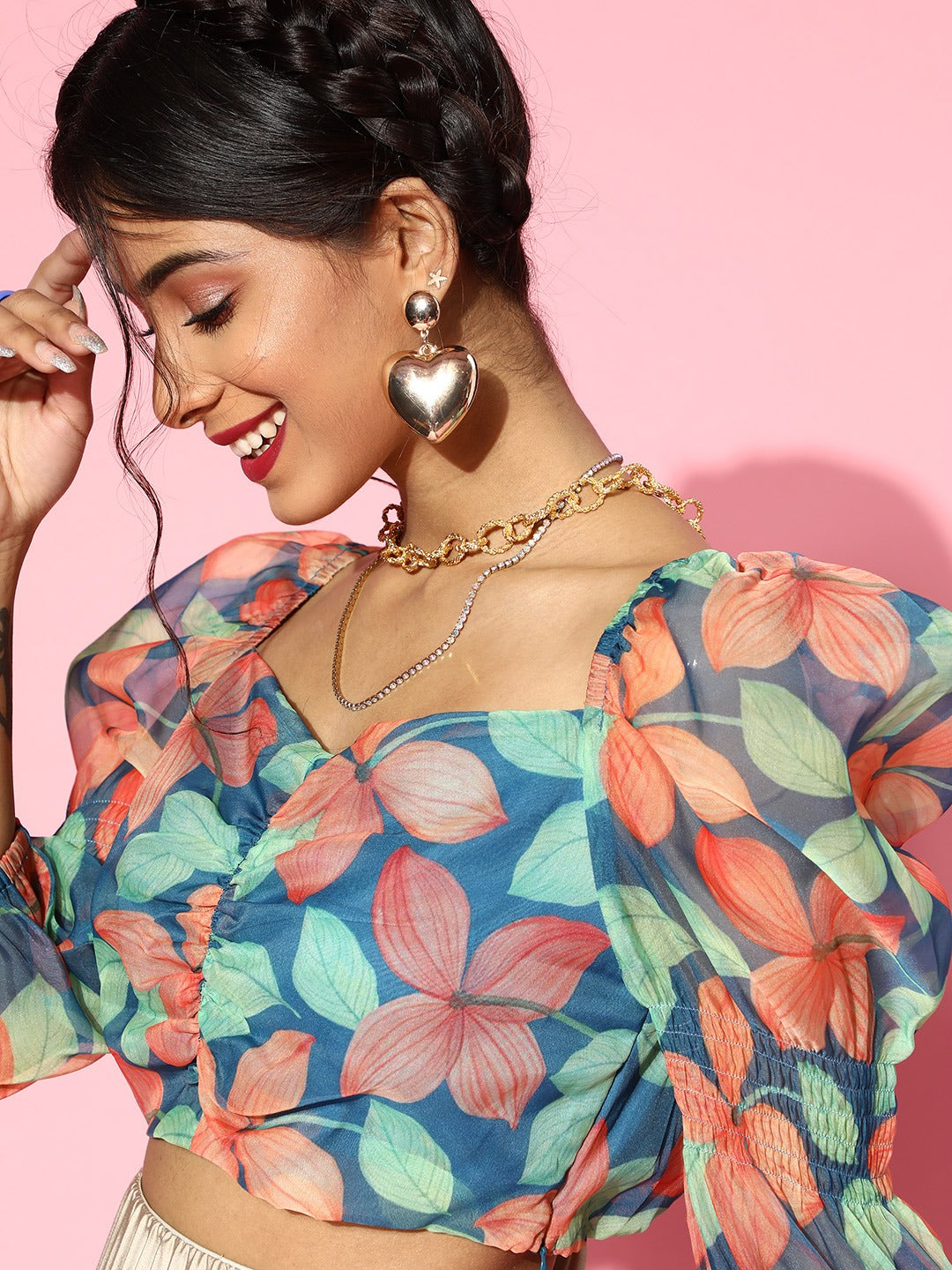 Women Blue Floral Organza Ruched Crop Top