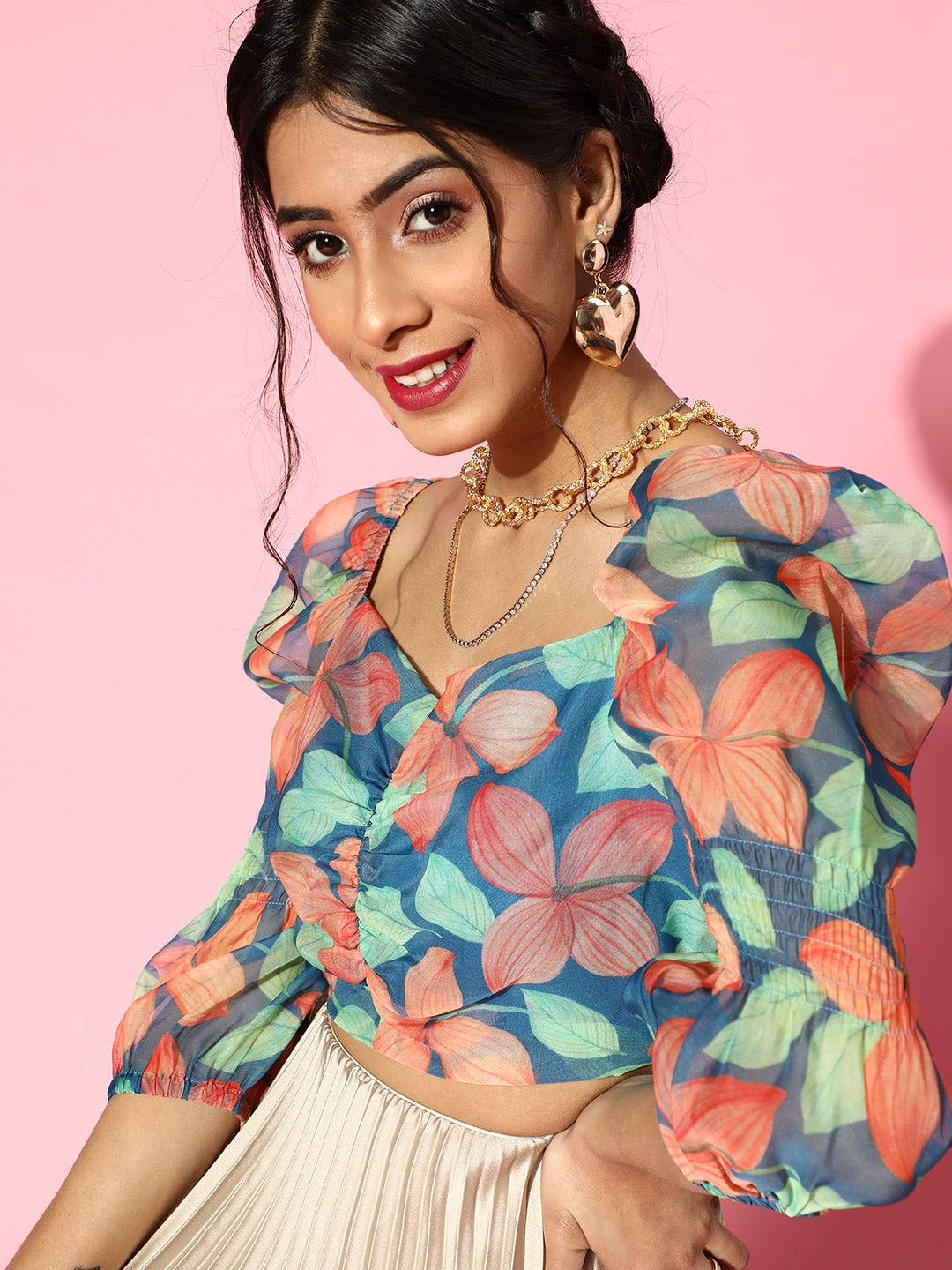 Women Blue Floral Organza Ruched Crop Top