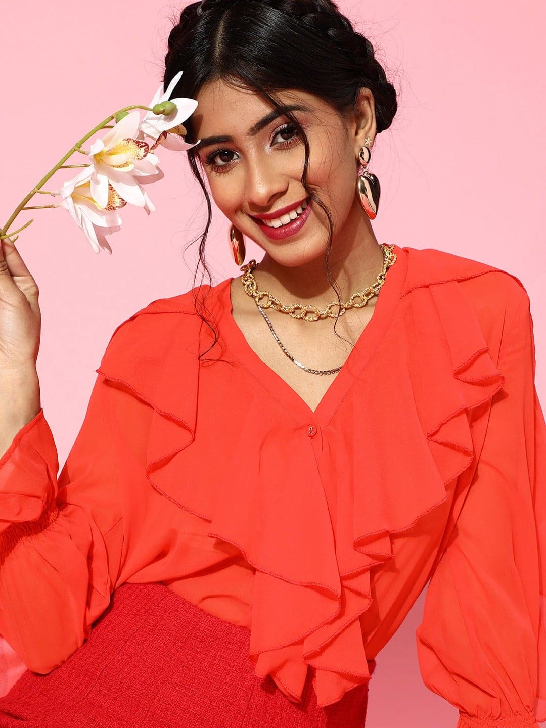 Women Red Cascading Ruffle Solid Blouse