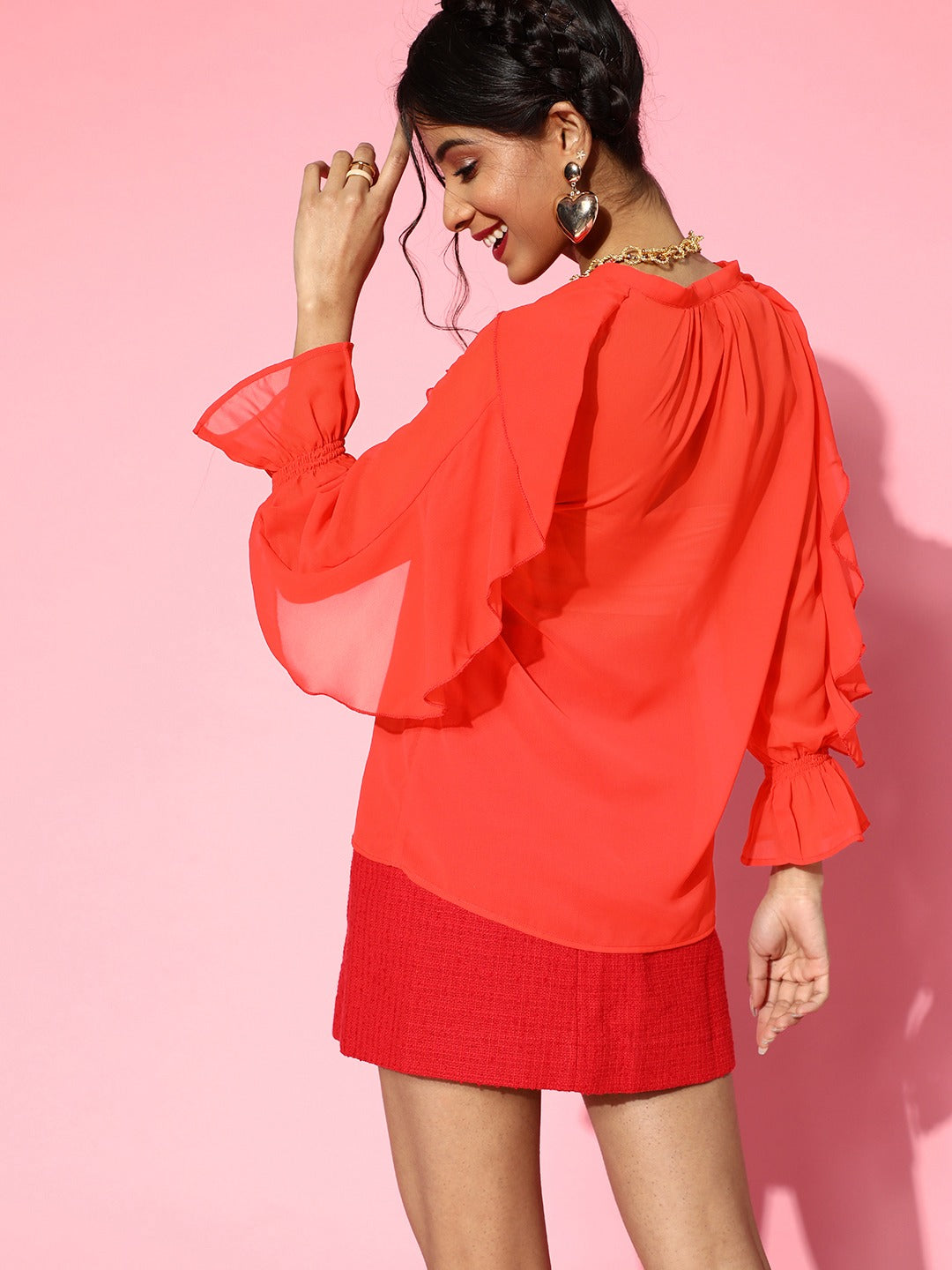 Women Red Cascading Ruffle Solid Blouse