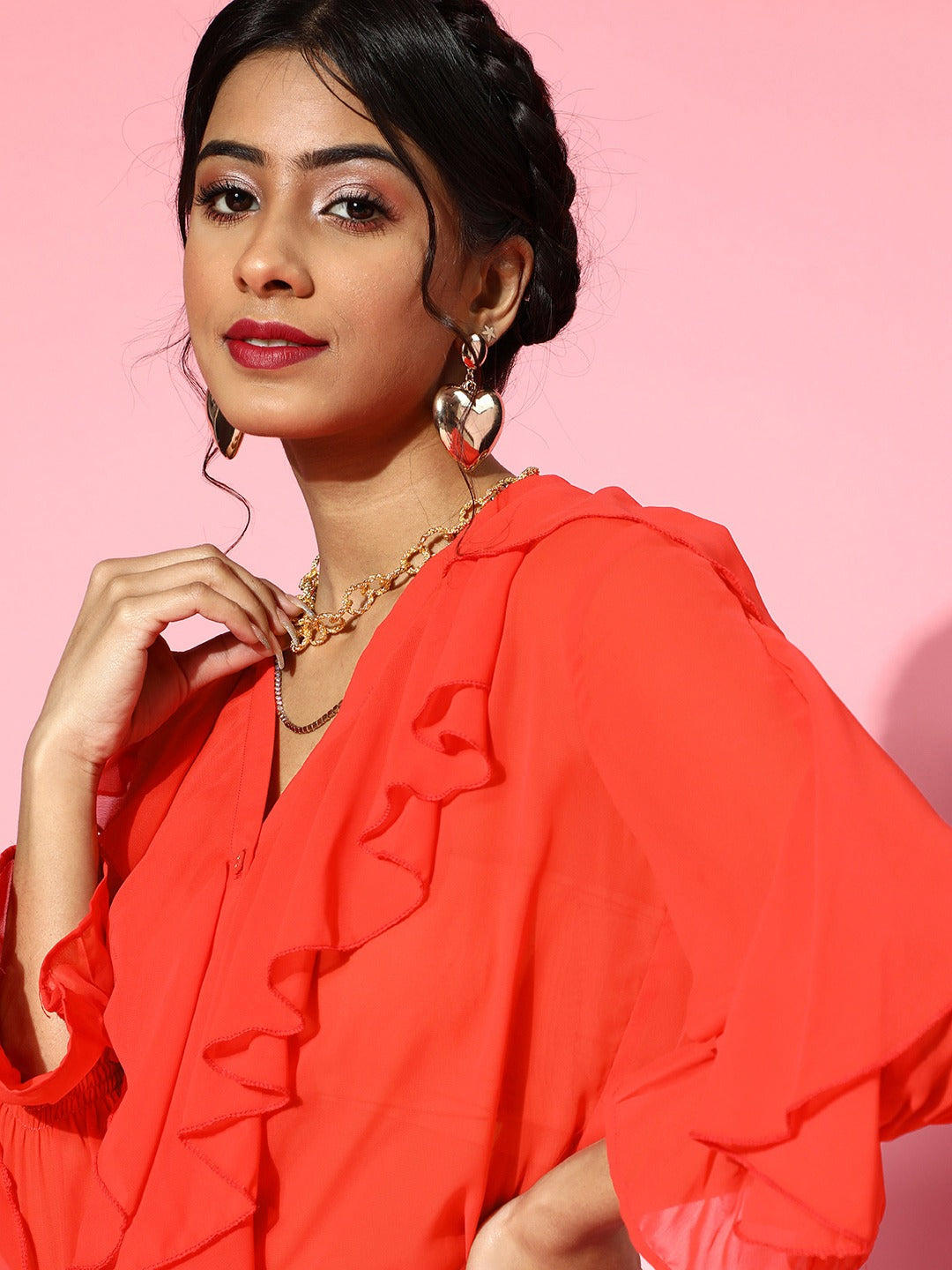 Women Red Cascading Ruffle Solid Blouse