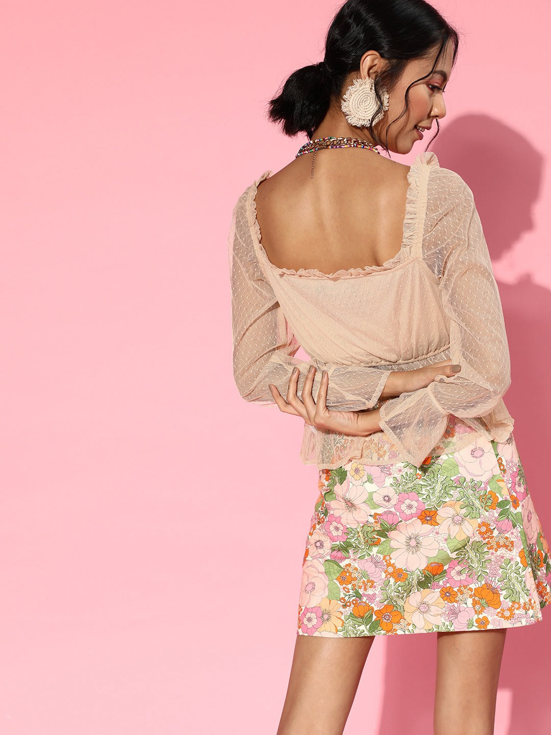 Women Nude Swiss Dot Mesh Peplum Top