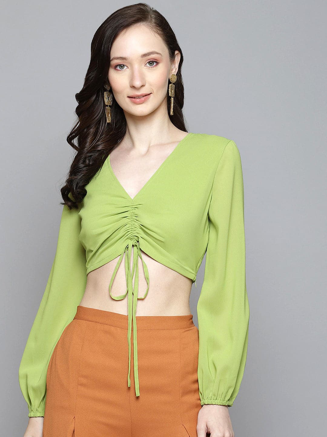 Women Lime Green Front Ruched Crop Top