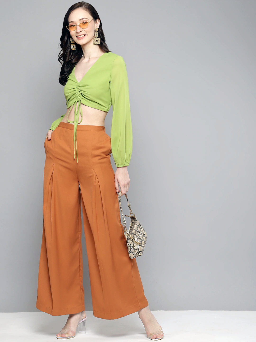 Women Lime Green Front Ruched Crop Top