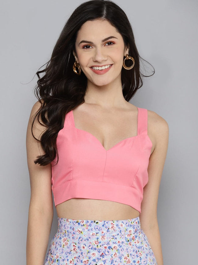 Women Pink Sweetheart Neck Strappy Crop Top